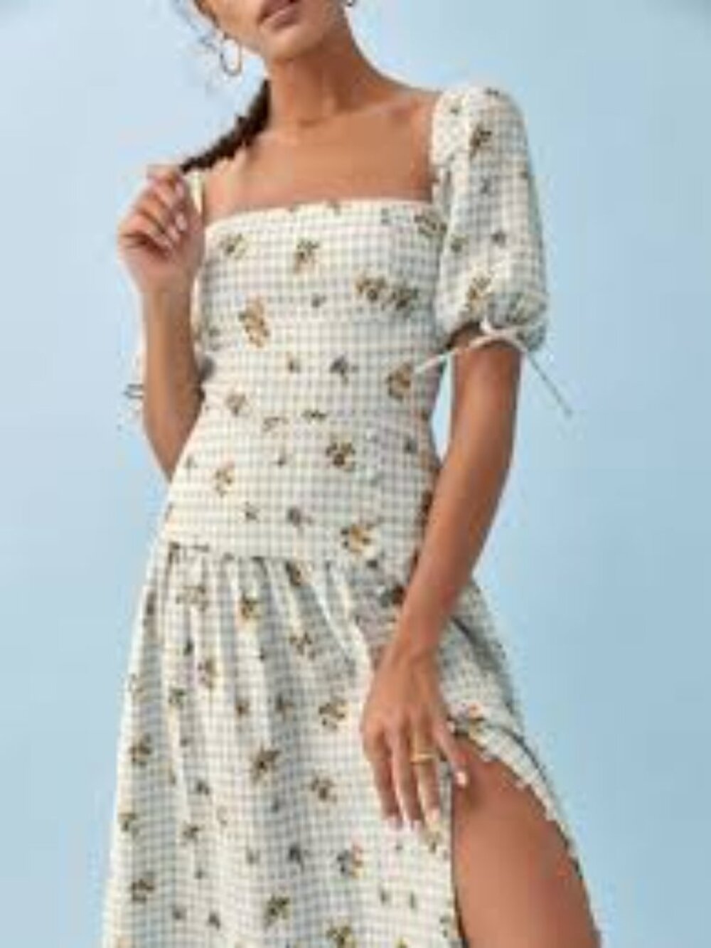 Reformation Melony Linen Dress medium 8 Blue Gingham Floral button midi slit